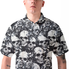 Rose Flower Skull Black & White Pattern Men Polo Shirt - HYPERFAVOR