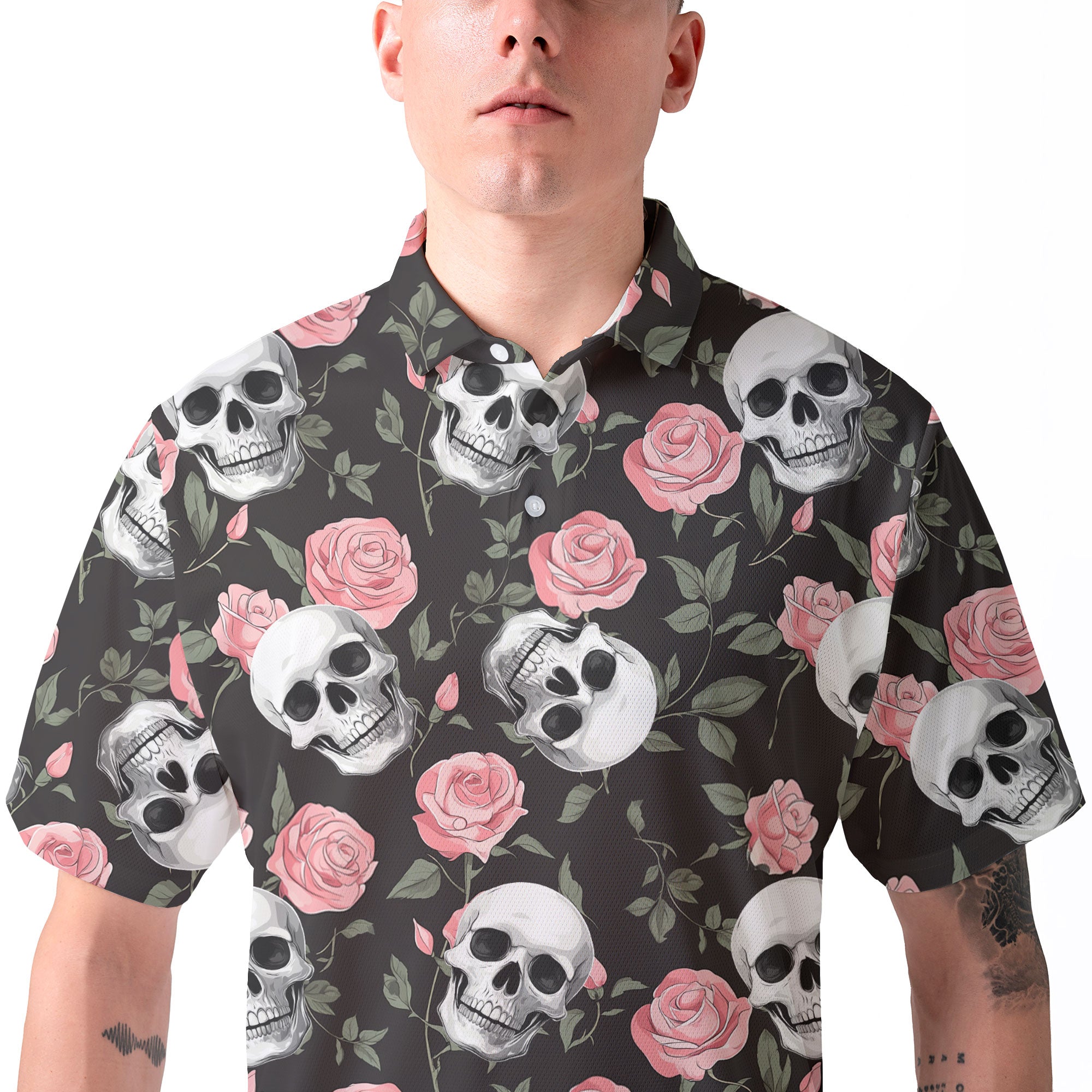 Rose Flower Skull Pattern Men Polo Shirt - HYPERFAVOR