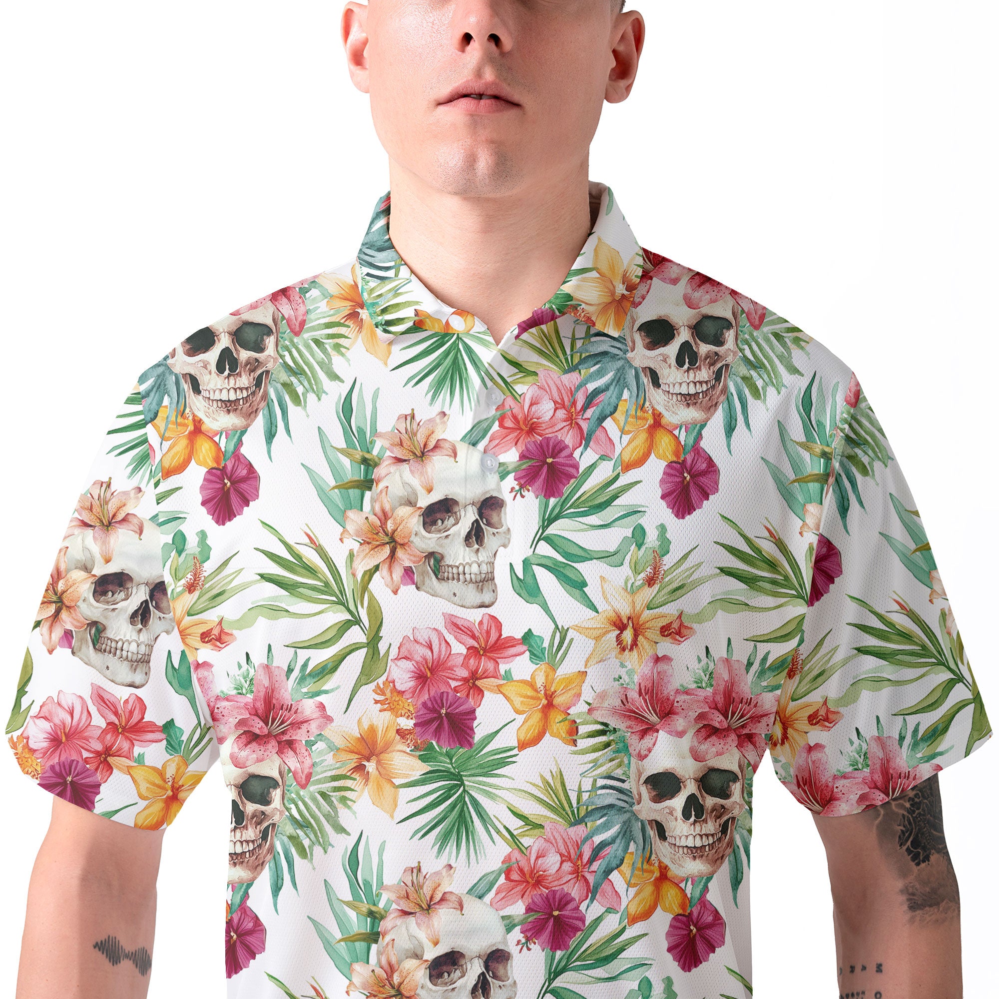 Tropical Flower Skull Pattern Men Polo Shirt - HYPERFAVOR