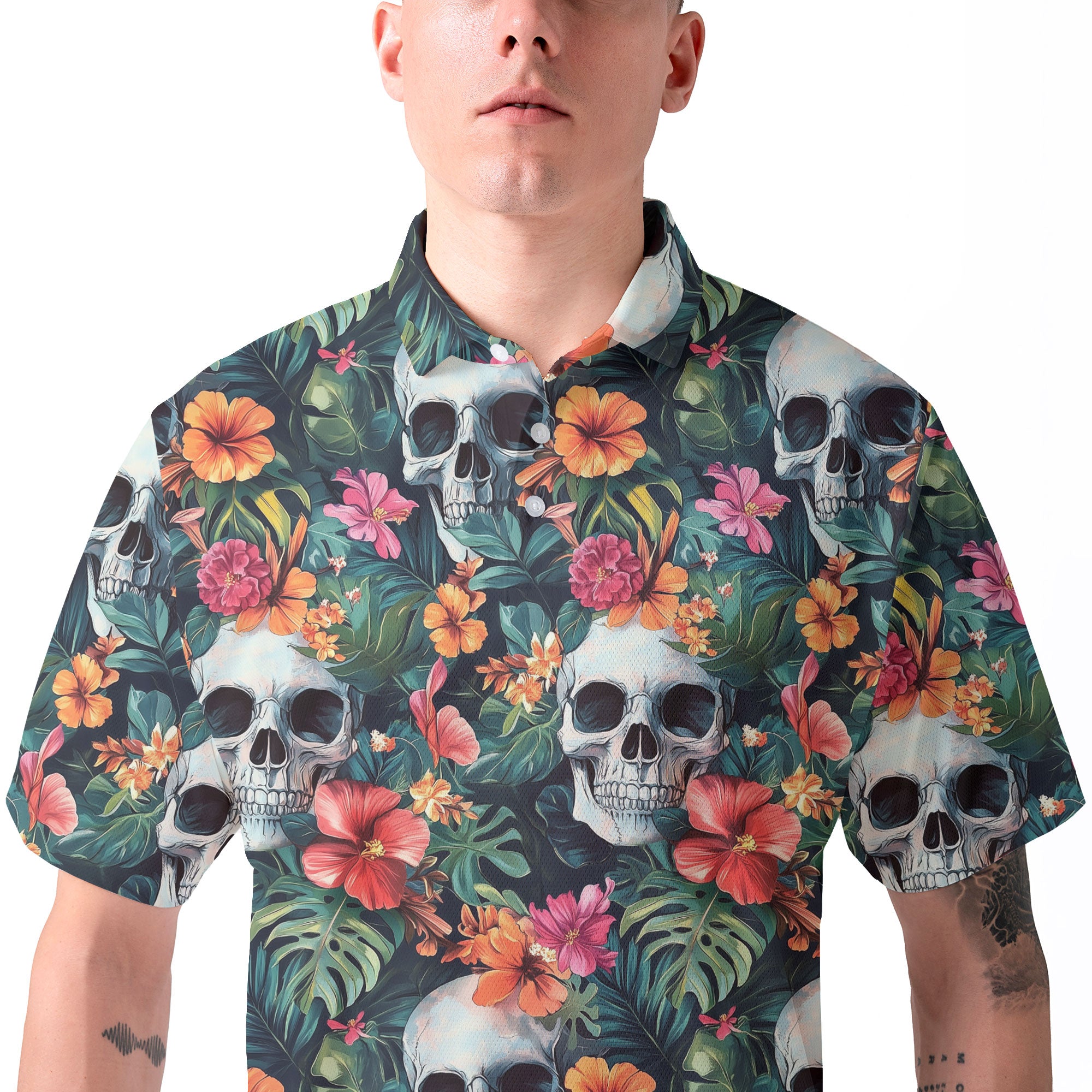 Colorful Tropical Flower Skull Pattern Polo Shirt - HYPERFAVOR