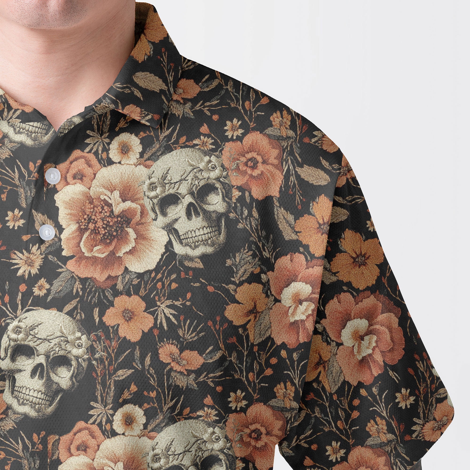 Vintage Flower Skull Pattern Men Polo Shirt - HYPERFAVOR