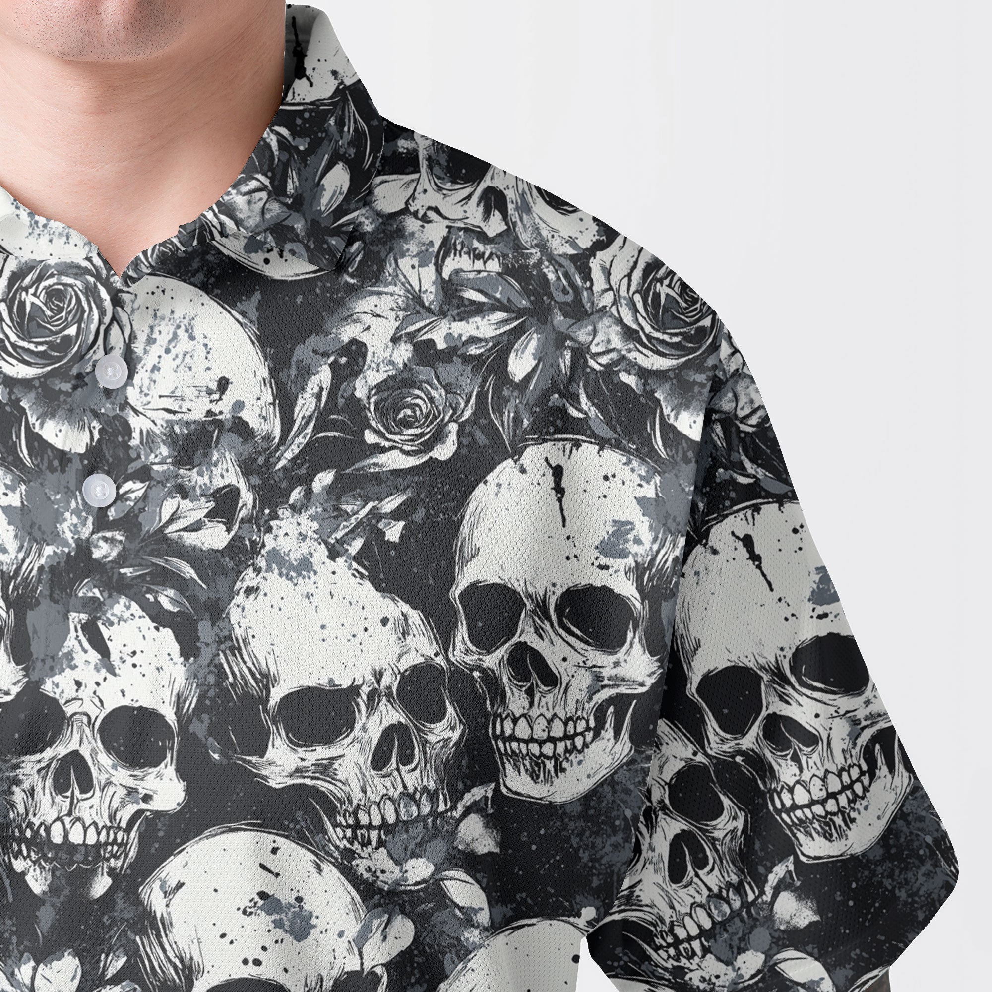 Rose Flower Skull Black & White Pattern Men Polo Shirt - HYPERFAVOR