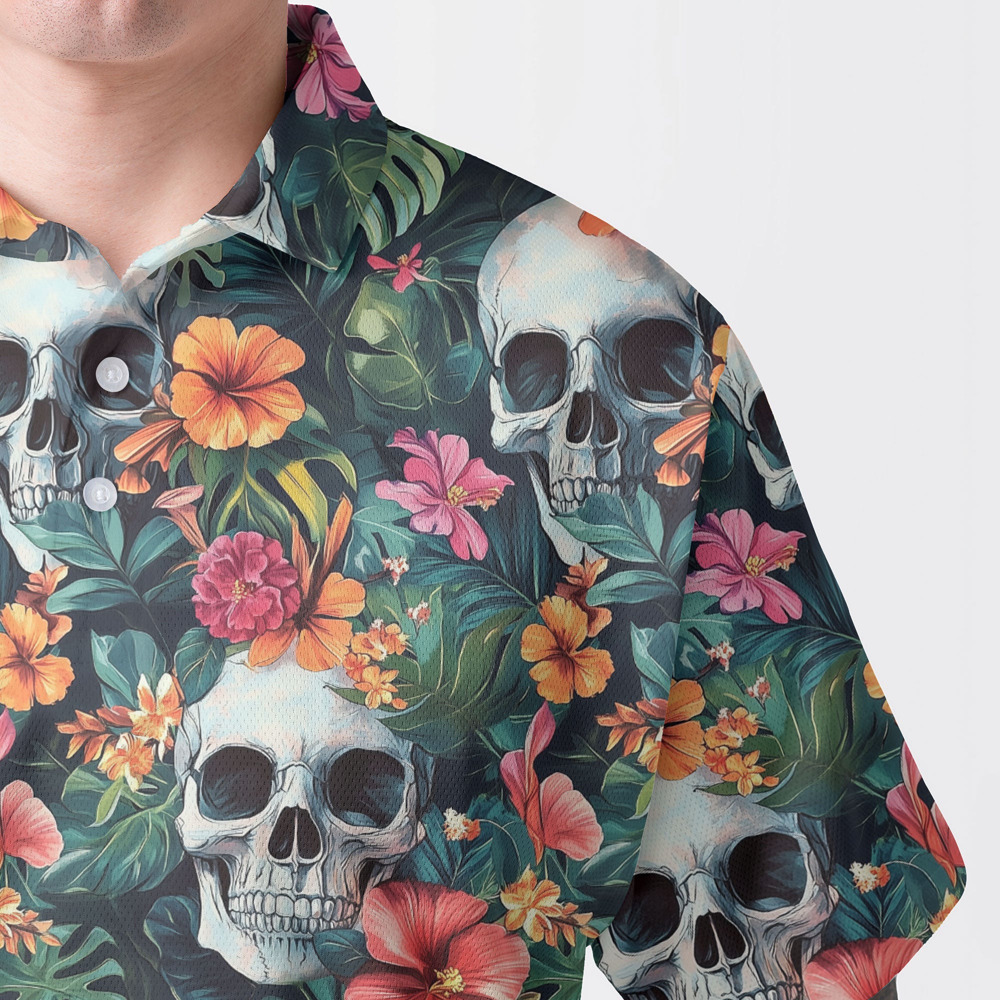 Colorful Tropical Flower Skull Pattern Polo Shirt - HYPERFAVOR