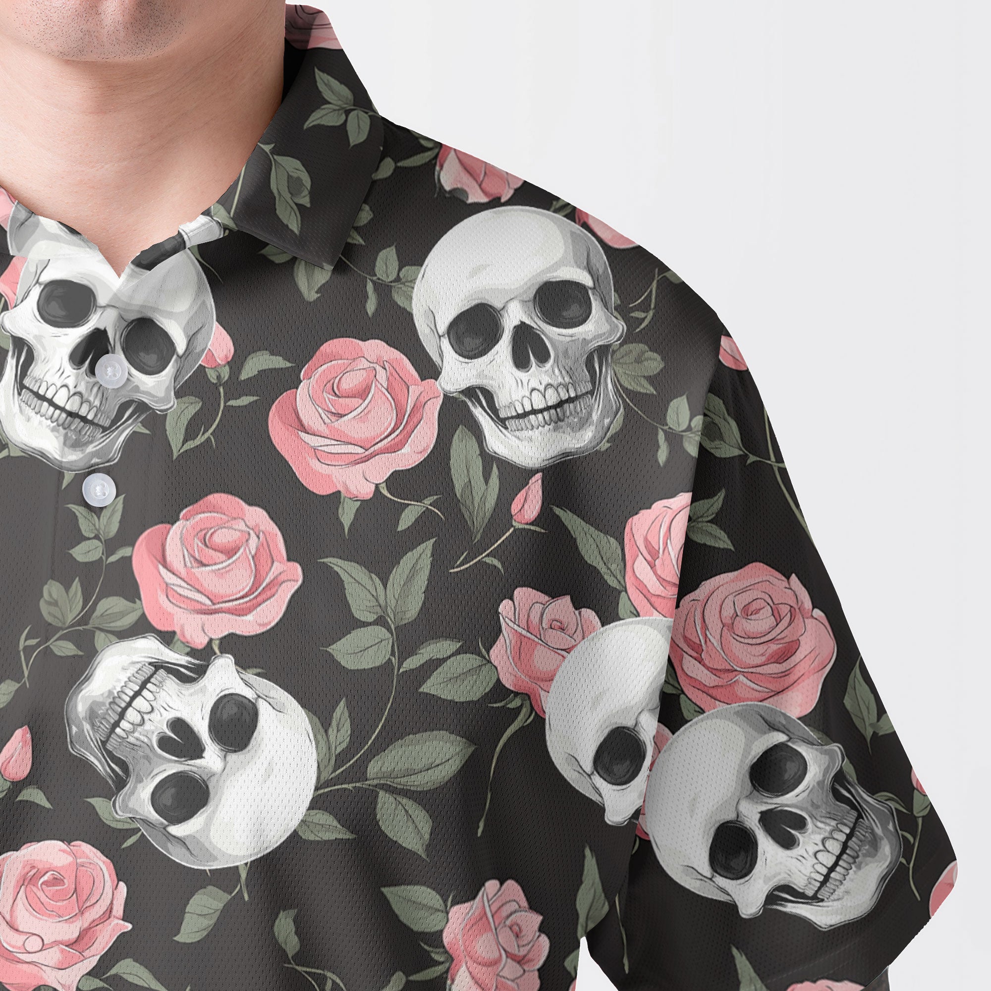 Rose Flower Skull Pattern Men Polo Shirt - HYPERFAVOR