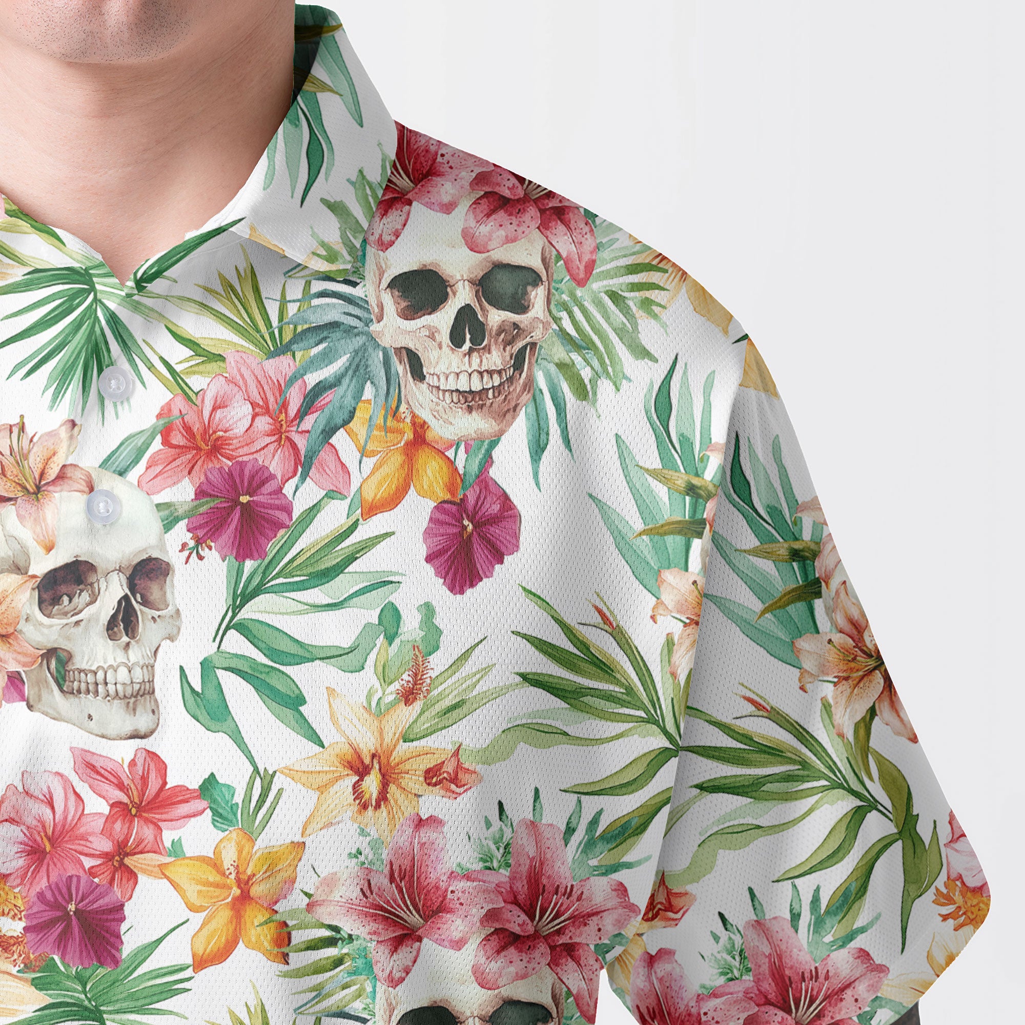 Tropical Flower Skull Pattern Men Polo Shirt - HYPERFAVOR