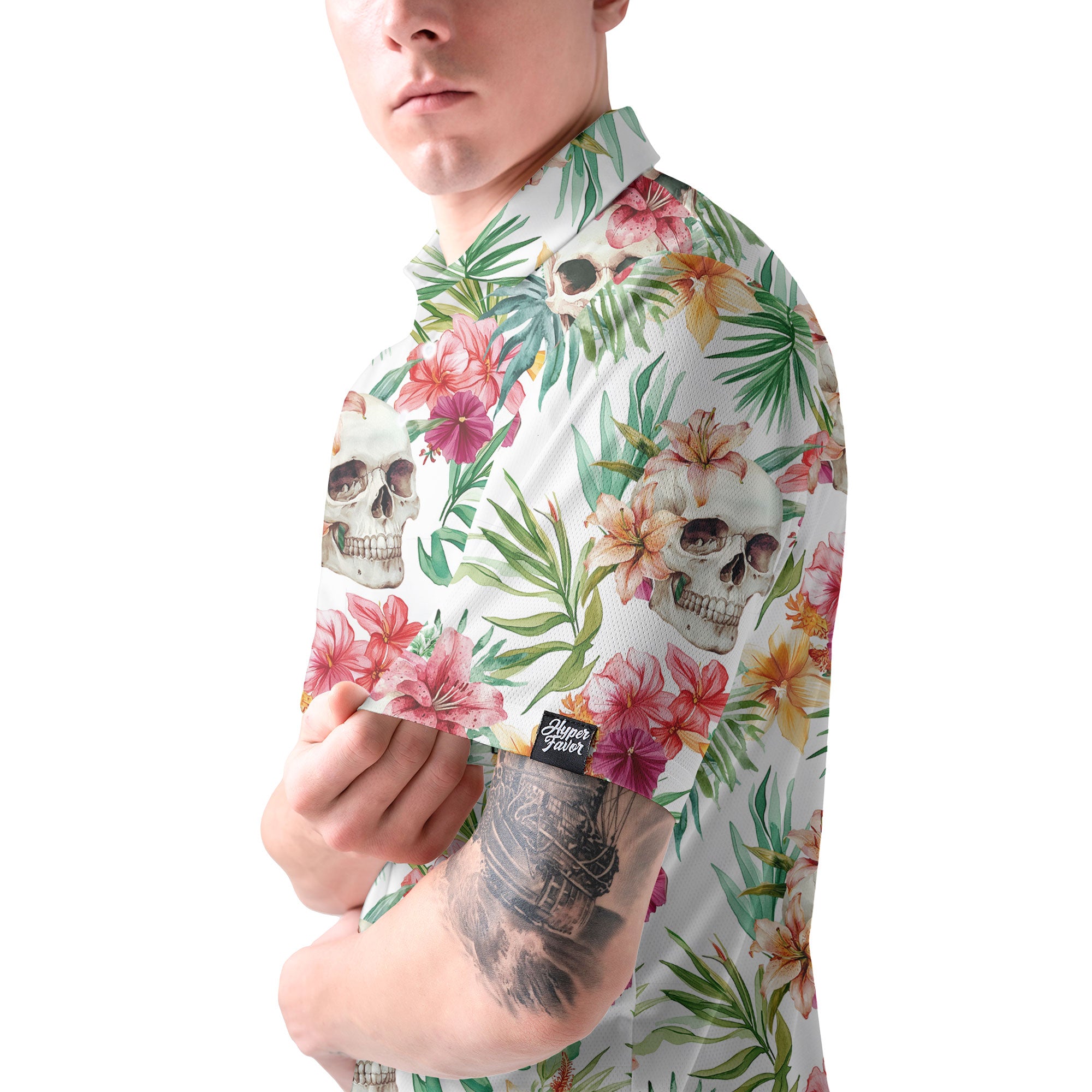 Tropical Flower Skull Pattern Men Polo Shirt - HYPERFAVOR