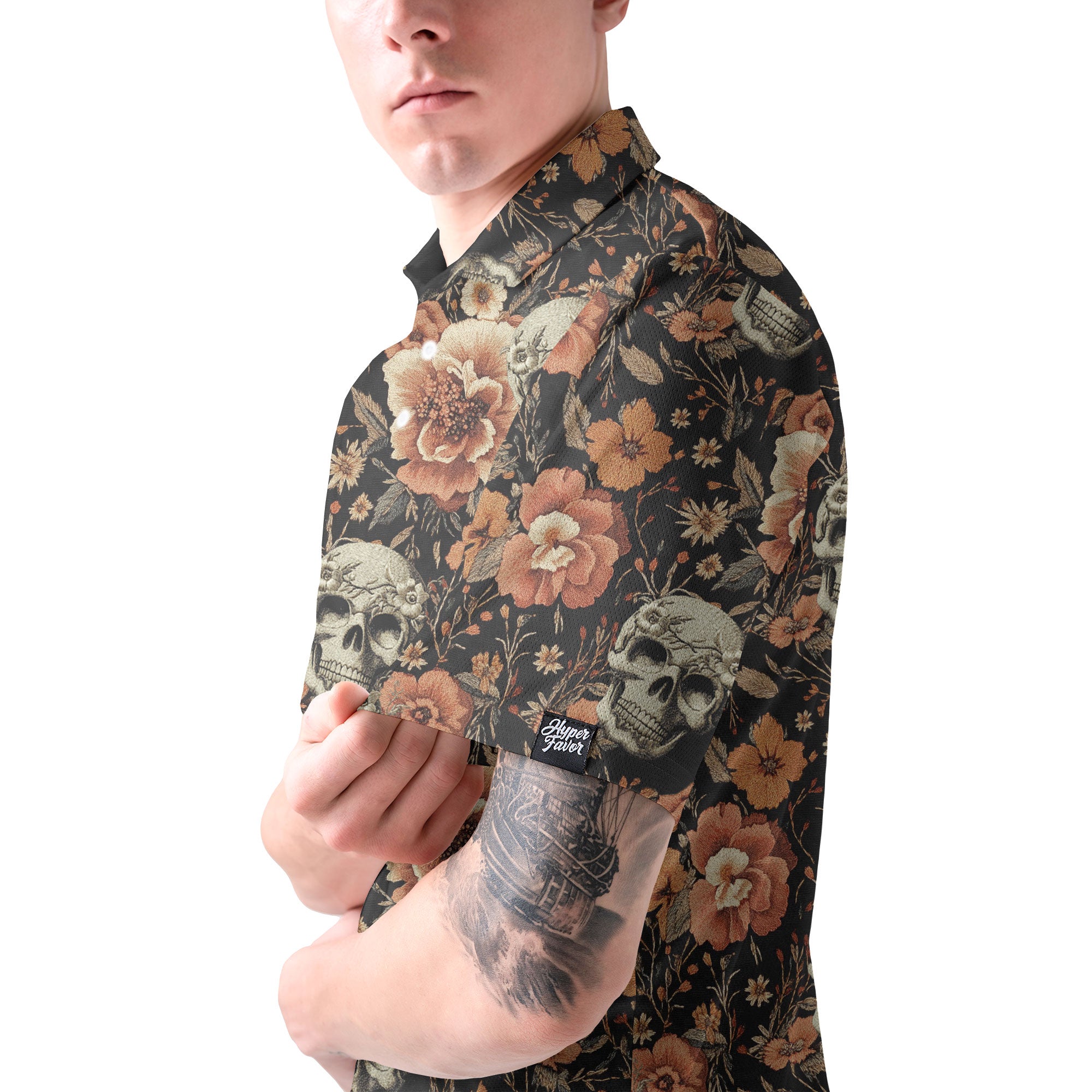 Vintage Flower Skull Pattern Men Polo Shirt - HYPERFAVOR