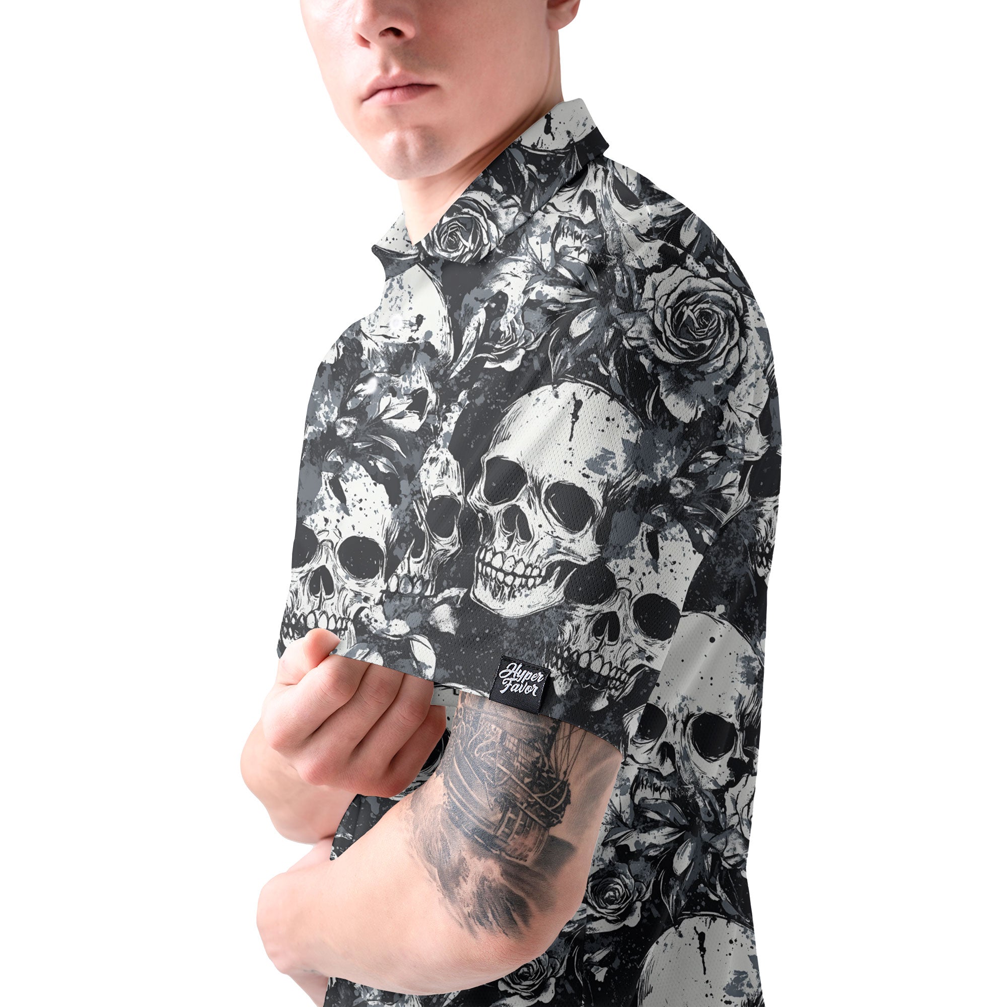 Rose Flower Skull Black & White Pattern Men Polo Shirt - HYPERFAVOR