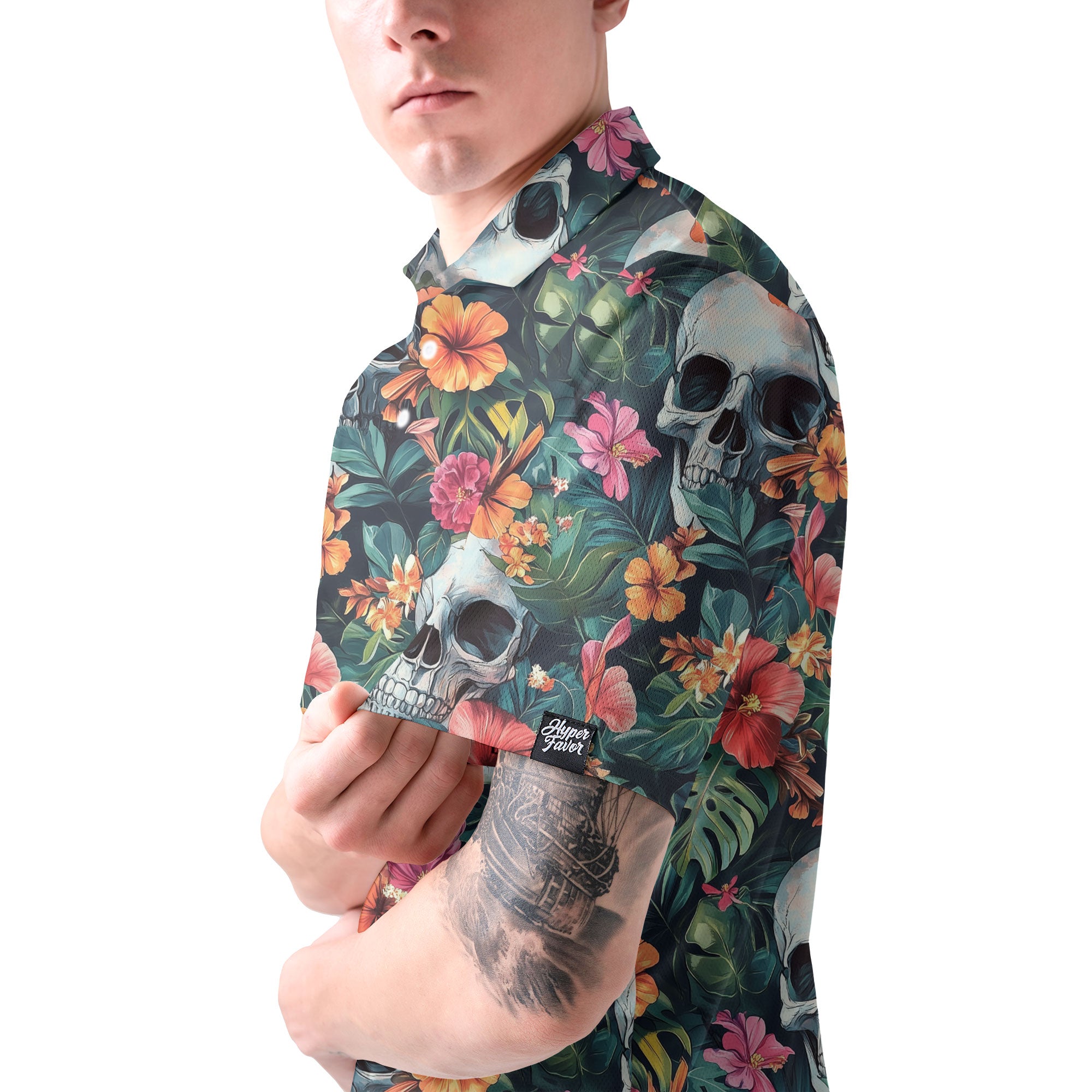 Colorful Tropical Flower Skull Pattern Polo Shirt - HYPERFAVOR