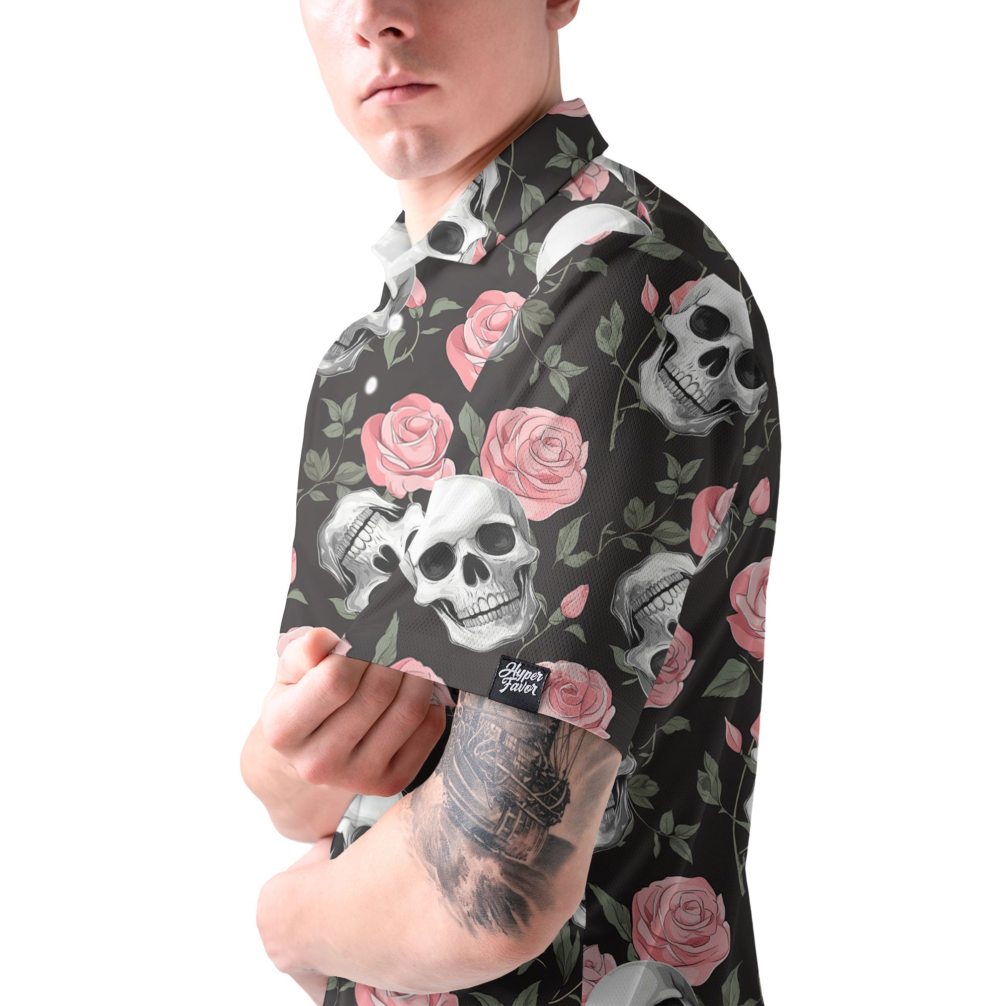 Rose Flower Skull Pattern Men Polo Shirt - HYPERFAVOR