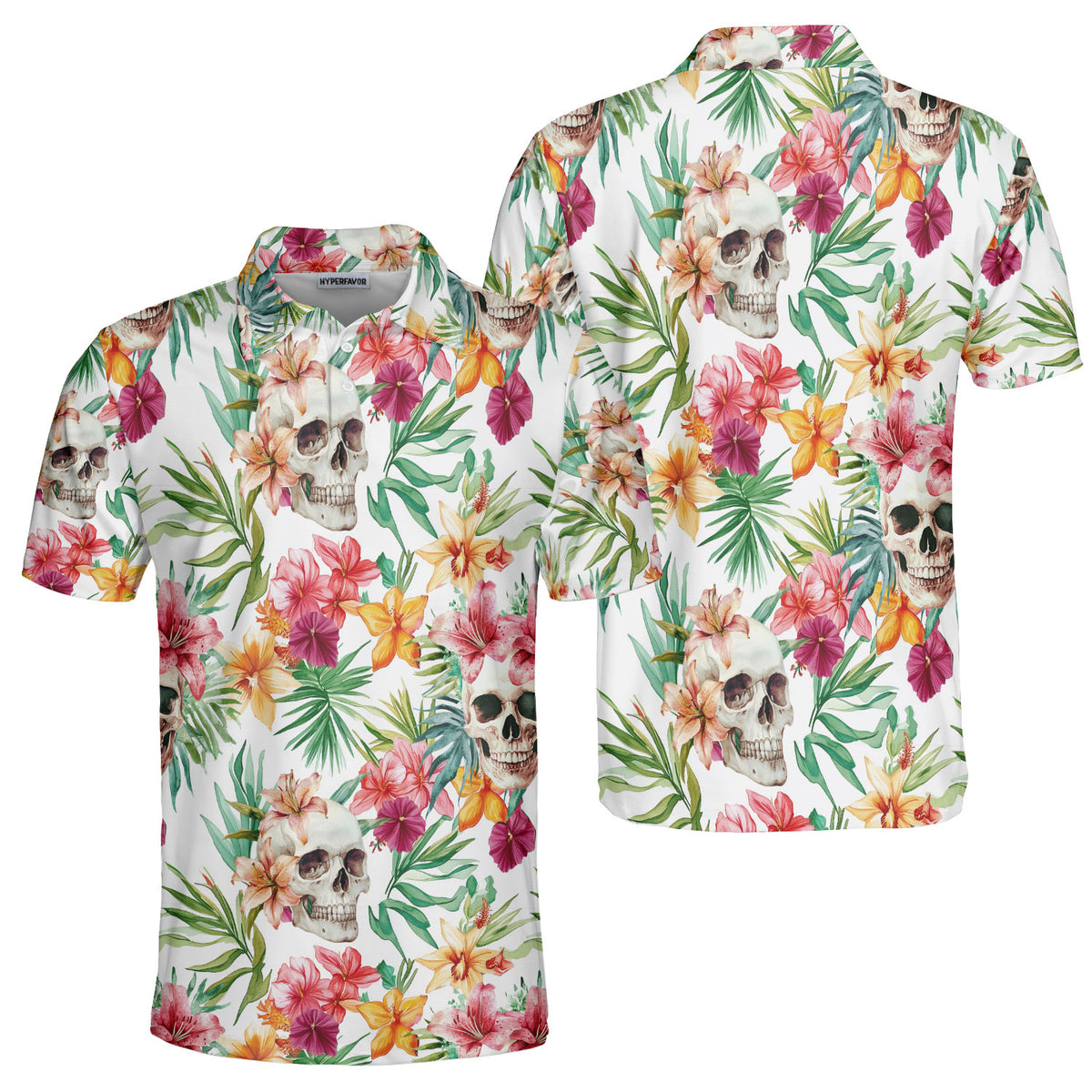 Tropical Flower Skull Pattern Men Polo Shirt - HYPERFAVOR