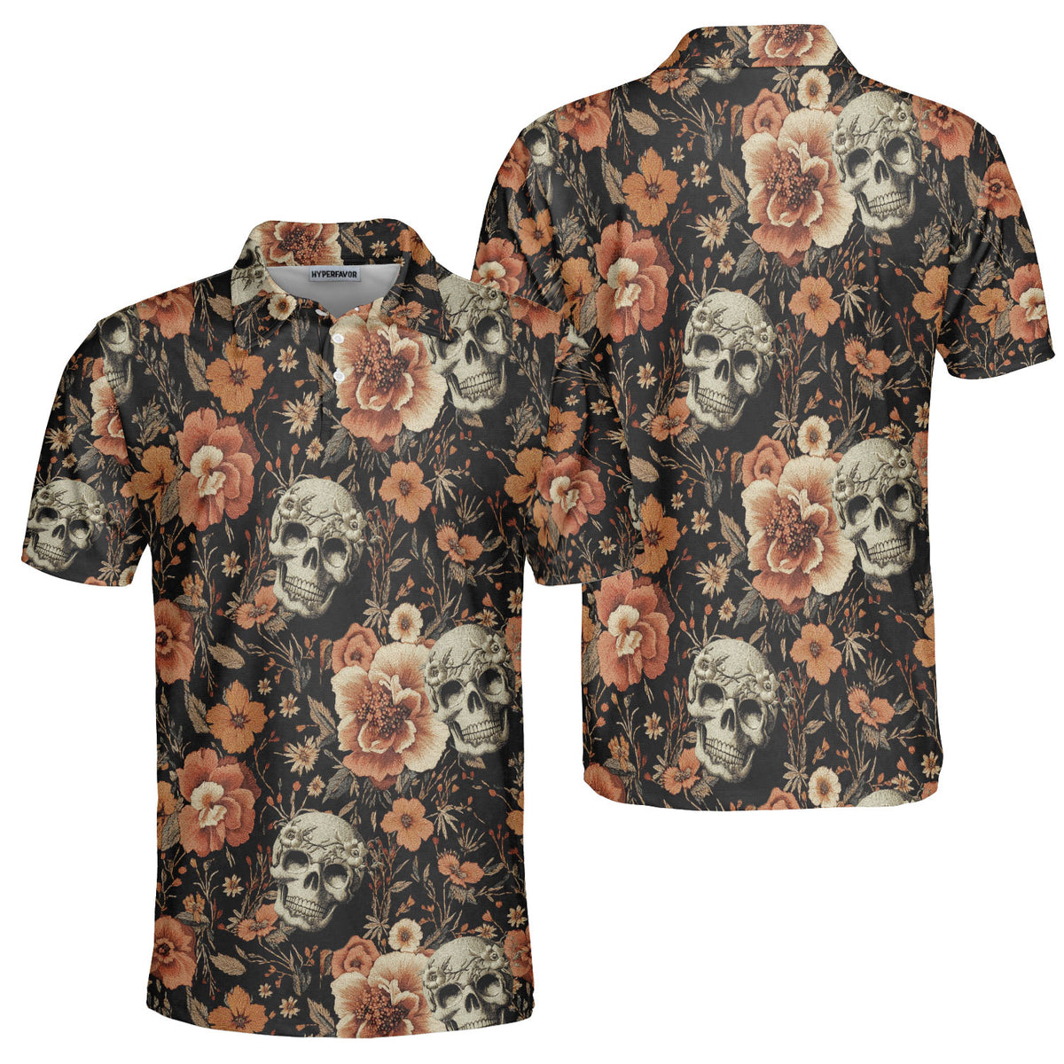 Vintage Flower Skull Pattern Men Polo Shirt - HYPERFAVOR