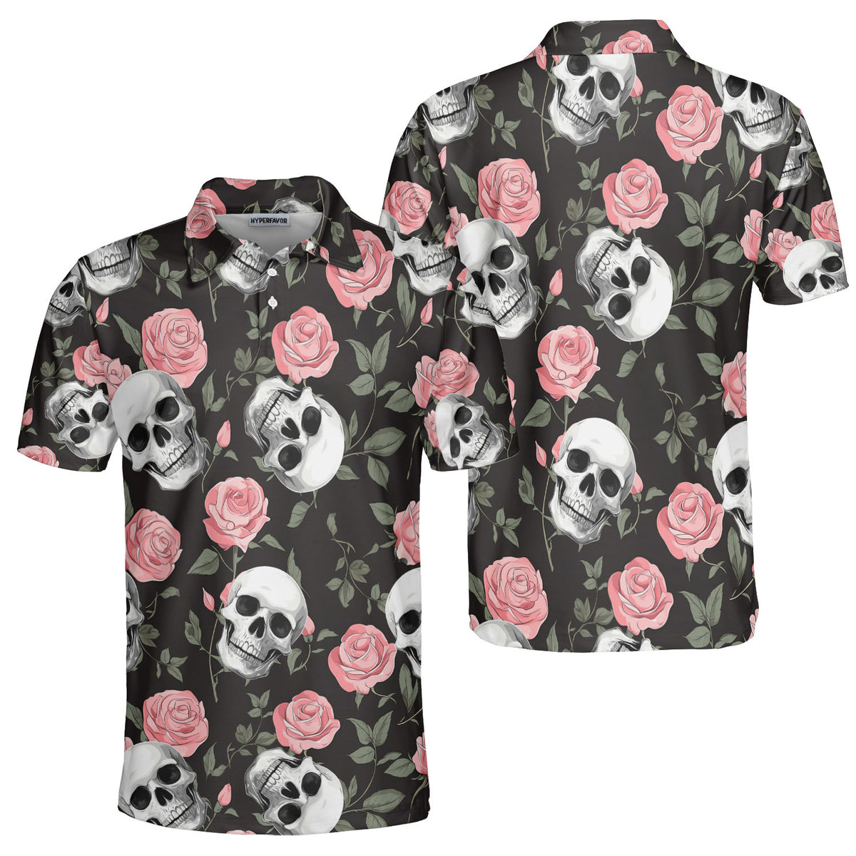 Rose Flower Skull Pattern Men Polo Shirt - HYPERFAVOR