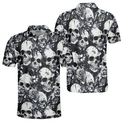 Rose Flower Skull Black & White Pattern Men Polo Shirt - HYPERFAVOR