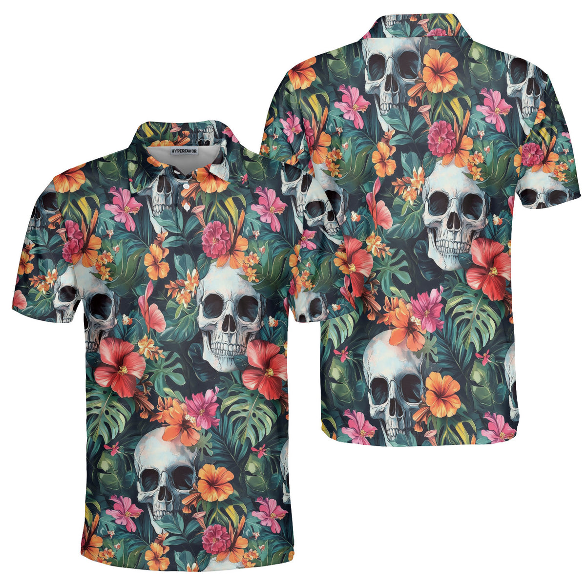 Colorful Tropical Flower Skull Pattern Polo Shirt - HYPERFAVOR