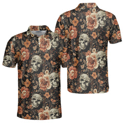 Vintage Flower Skull Pattern Men Polo Shirt - HYPERFAVOR