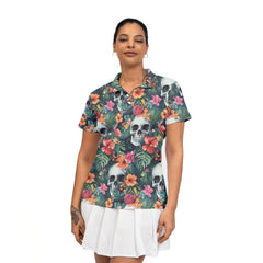 Colorful Tropical Flower Skull Pattern Woman Polo Shirt - HYPERFAVOR