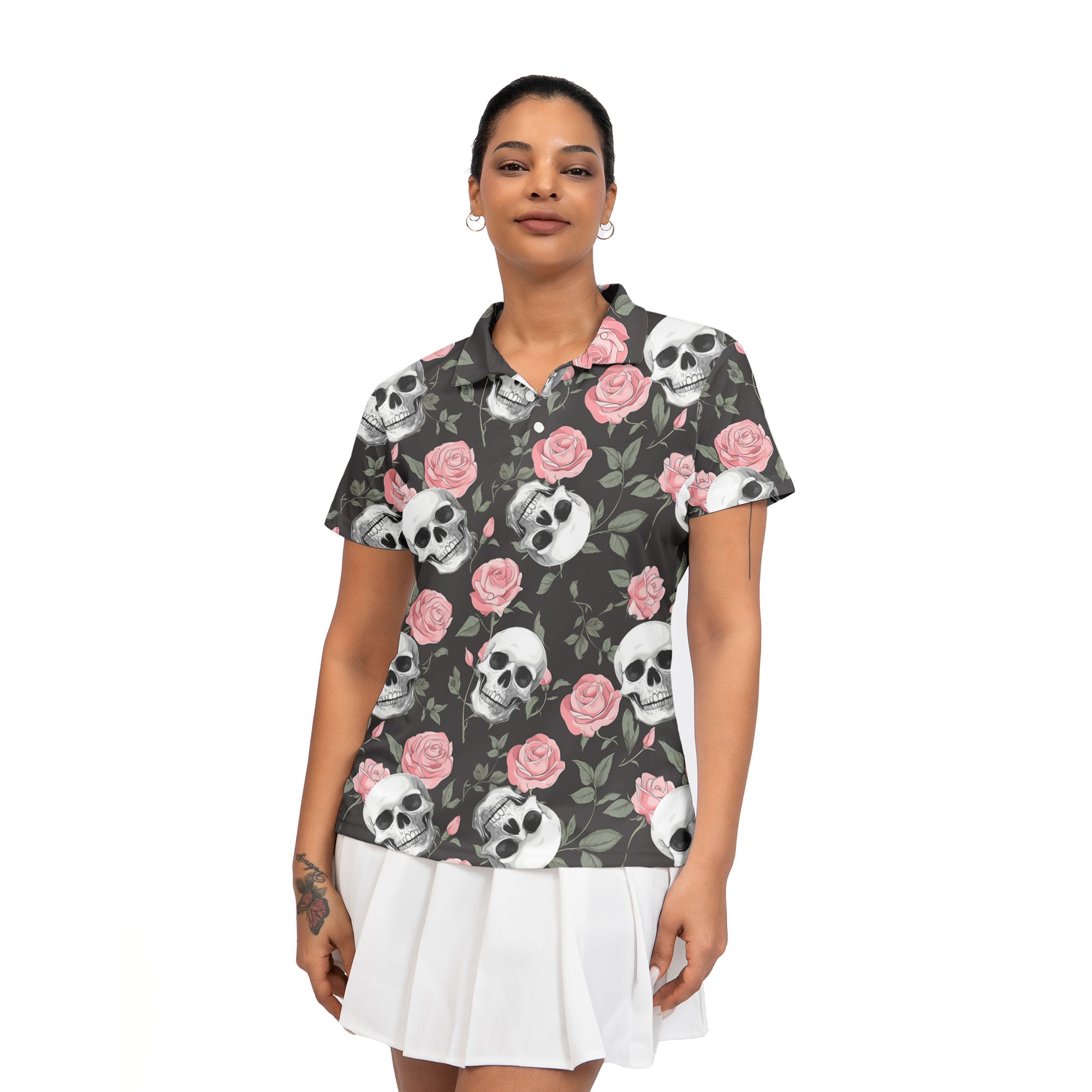 Rose Flower Skull Pattern Women Polo Shirt - HYPERFAVOR