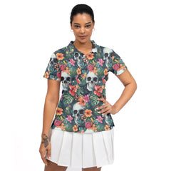 Colorful Tropical Flower Skull Pattern Woman Polo Shirt - HYPERFAVOR