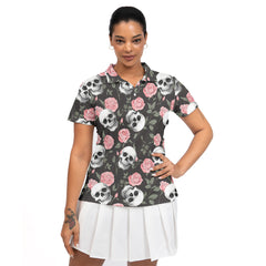 Rose Flower Skull Pattern Women Polo Shirt - HYPERFAVOR