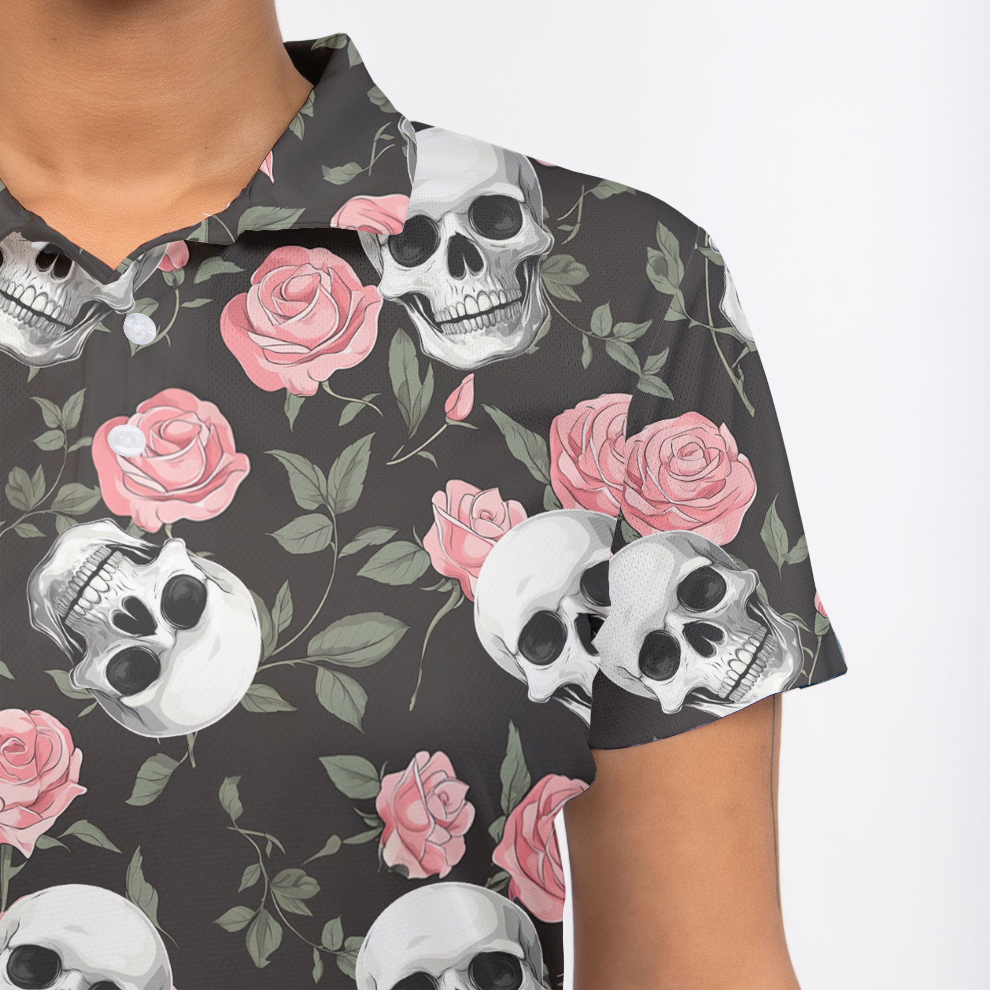 Rose Flower Skull Pattern Women Polo Shirt - HYPERFAVOR