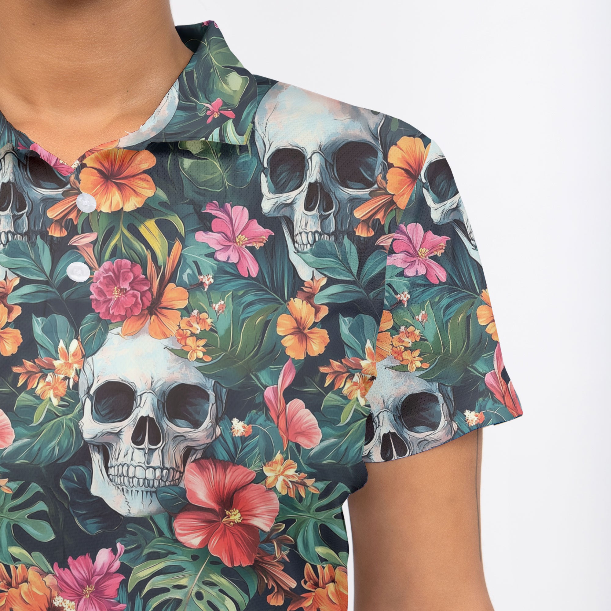 Colorful Tropical Flower Skull Pattern Woman Polo Shirt - HYPERFAVOR