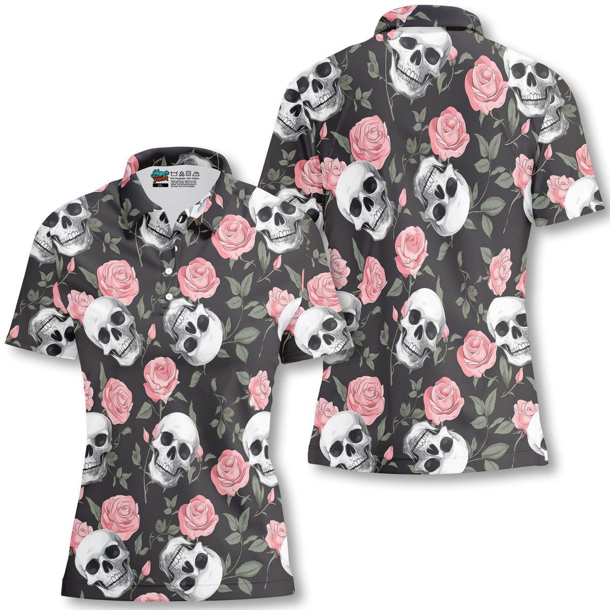 Rose Flower Skull Pattern Women Polo Shirt - HYPERFAVOR