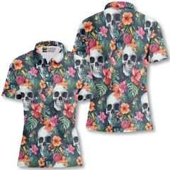 Colorful Tropical Flower Skull Pattern Woman Polo Shirt - HYPERFAVOR