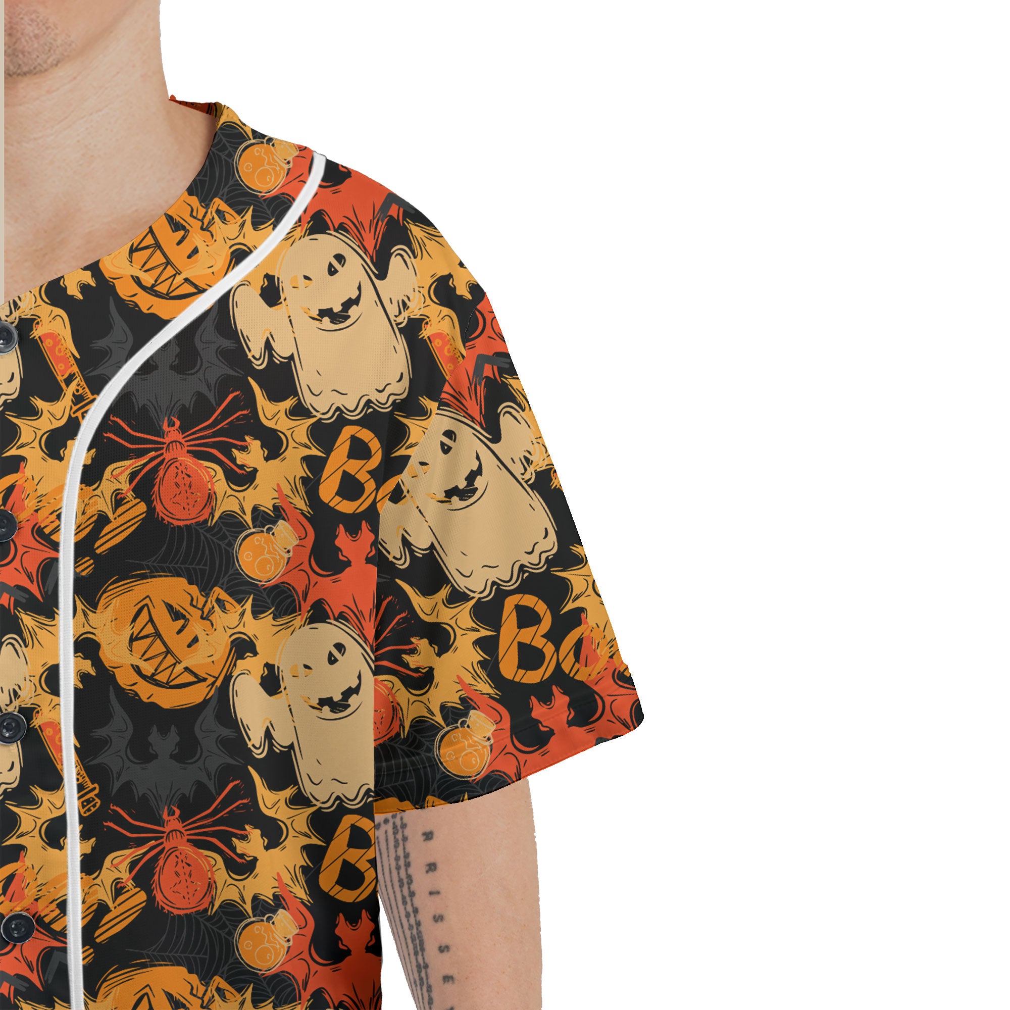 Funny Pumpkins Ghost Boo Halloween Abstract Seamless Pattern Baseball Jersey - HYPERFAVOR