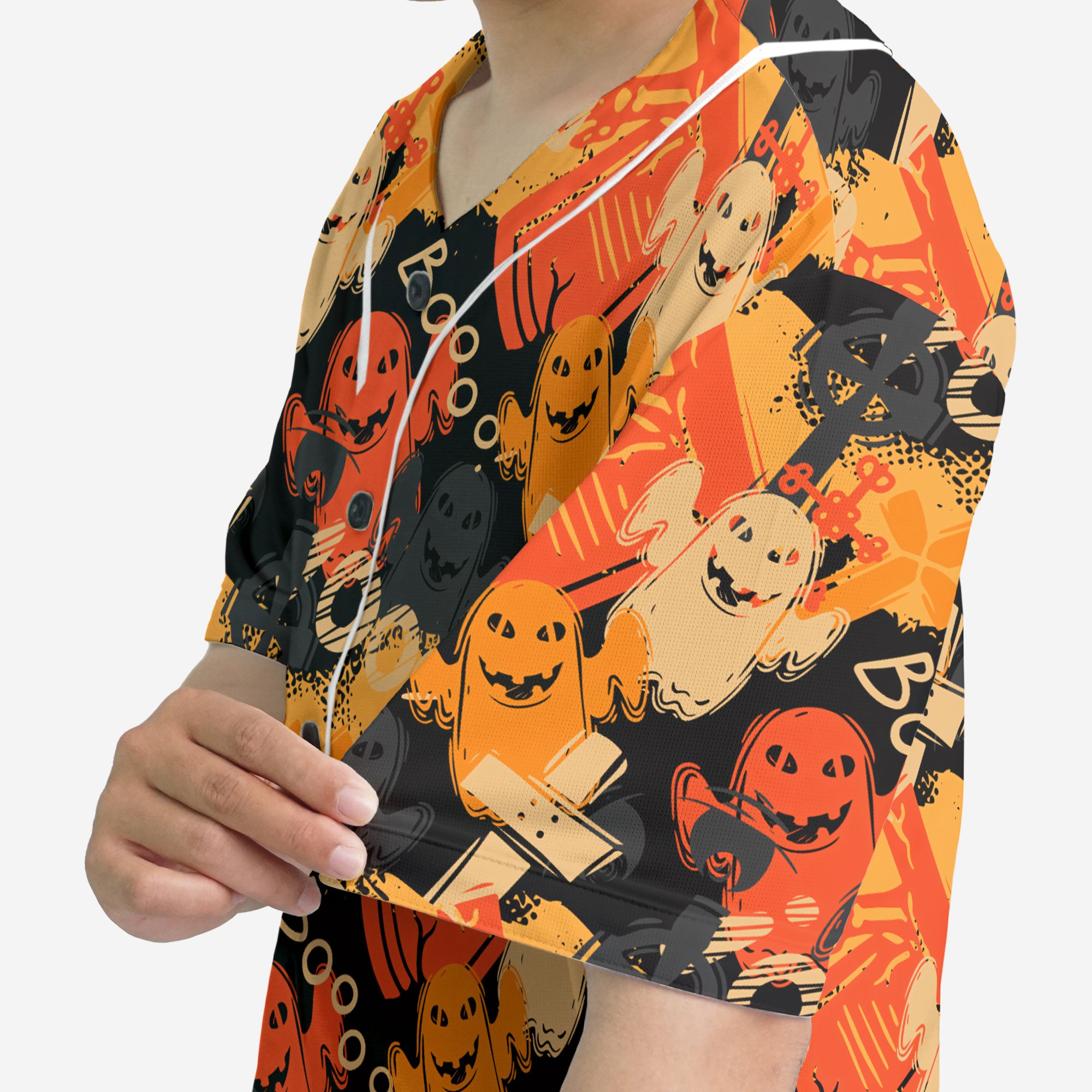 Funny Ghost Boo Halloween Abstract Seamless Pattern Baseball Jersey - HYPERFAVOR