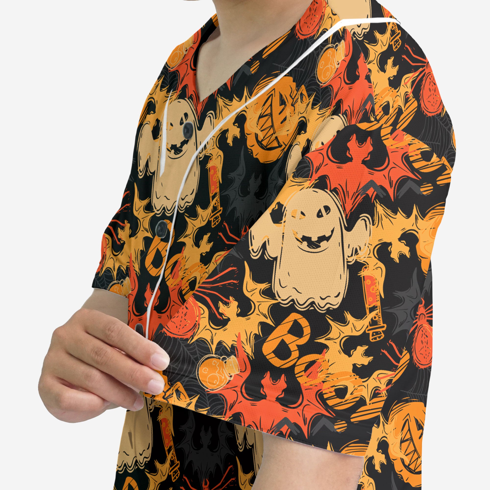 Funny Pumpkins Ghost Boo Halloween Abstract Seamless Pattern Baseball Jersey - HYPERFAVOR