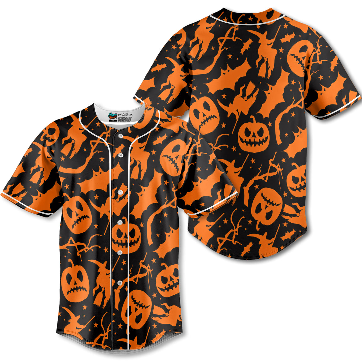 Funny Pumpkins & Witches Halloween Pattern Baseball Jersey - HYPERFAVOR