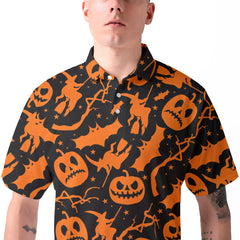 Funny Pumpkins & Witches Halloween Pattern Polo Shirt - HYPERFAVOR