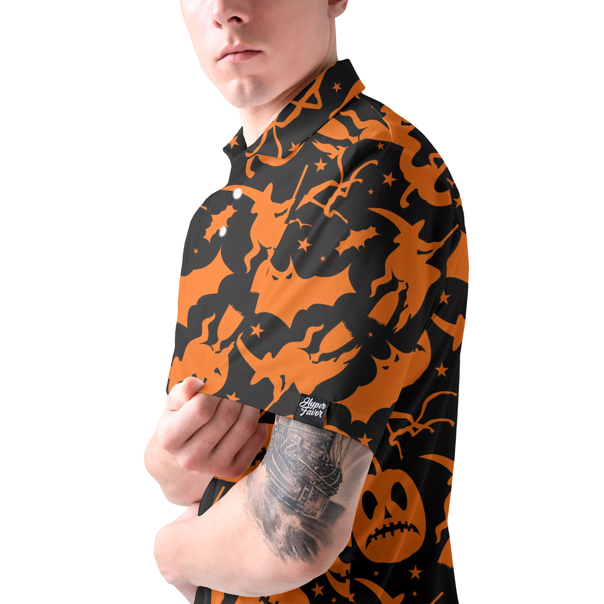 Funny Pumpkins & Witches Halloween Pattern Polo Shirt - HYPERFAVOR