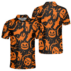 Funny Pumpkins & Witches Halloween Pattern Polo Shirt - HYPERFAVOR