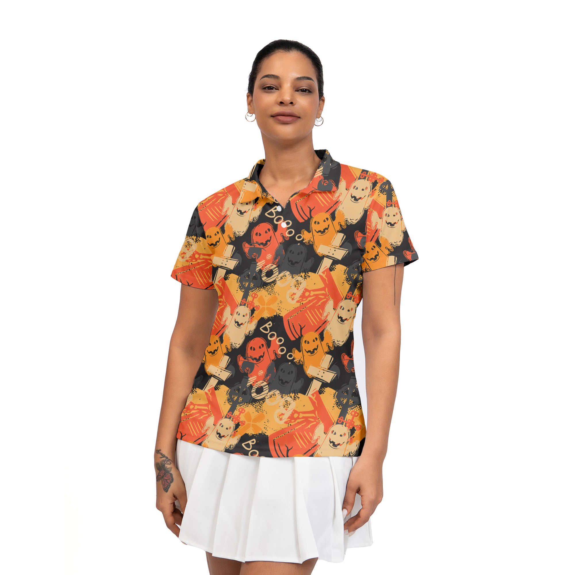 Funny Ghost Boo Halloween Abstract Seamless Pattern Woman Polo Shirt - HYPERFAVOR