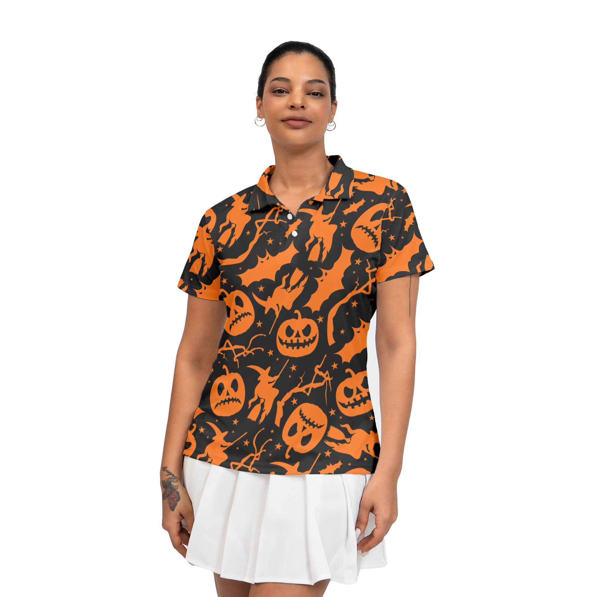 Funny Pumpkins & Witches Halloween Pattern Woman Polo Shirt - HYPERFAVOR