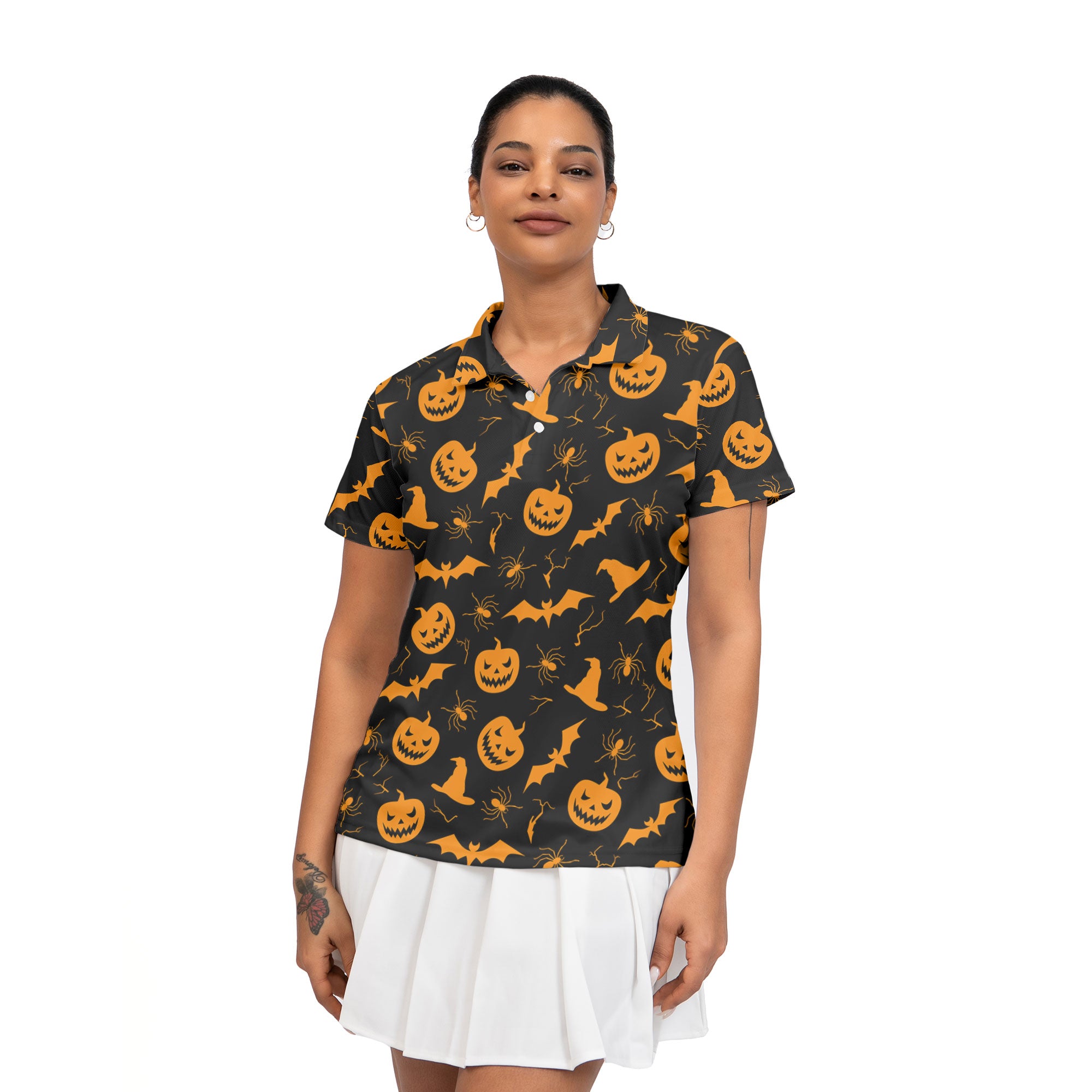 Funny Pumpkins Halloween Seamless Pattern Women Polo Shirt - HYPERFAVOR