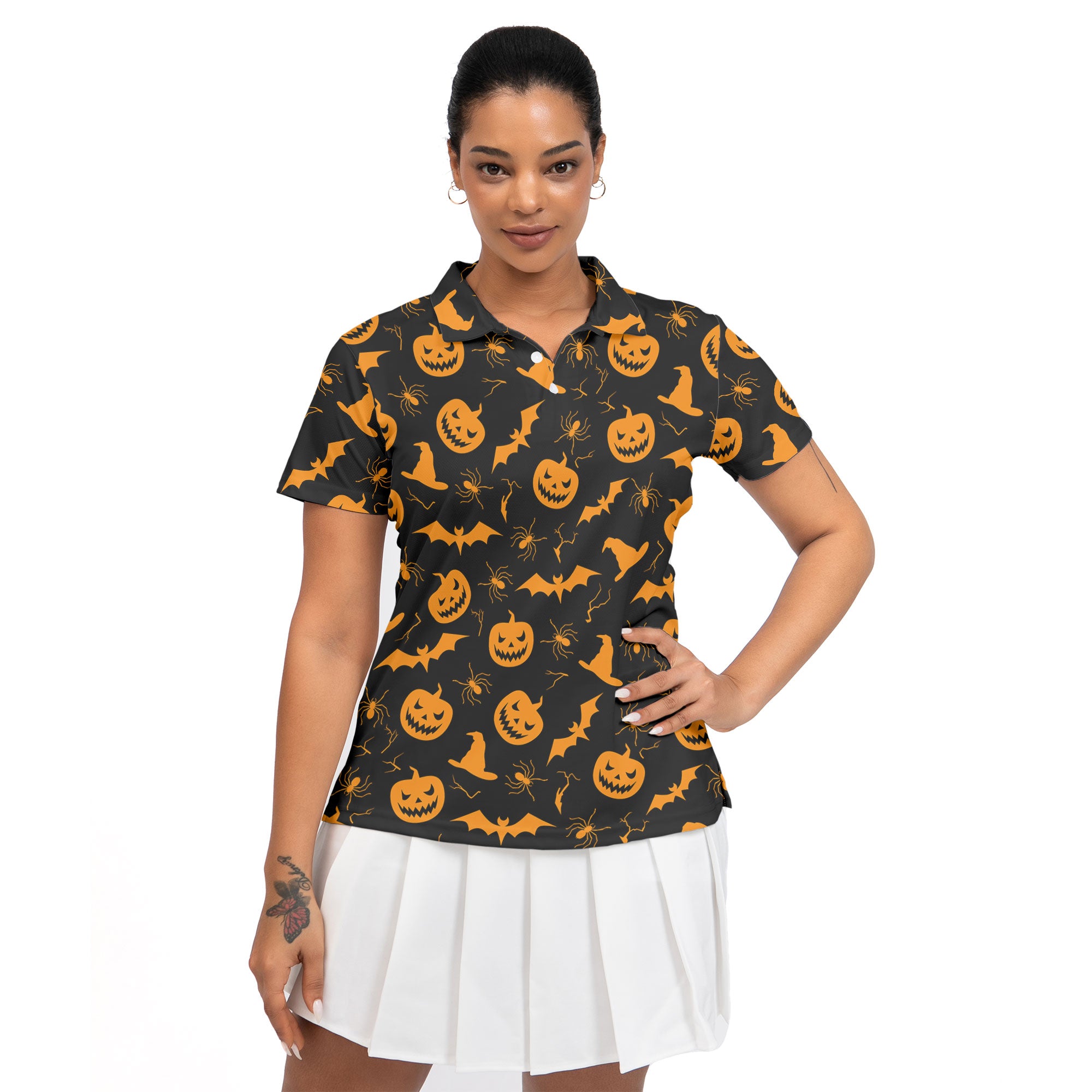 Funny Pumpkins Halloween Seamless Pattern Women Polo Shirt - HYPERFAVOR