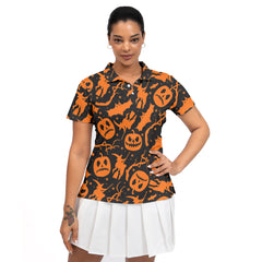 Funny Pumpkins & Witches Halloween Pattern Woman Polo Shirt - HYPERFAVOR