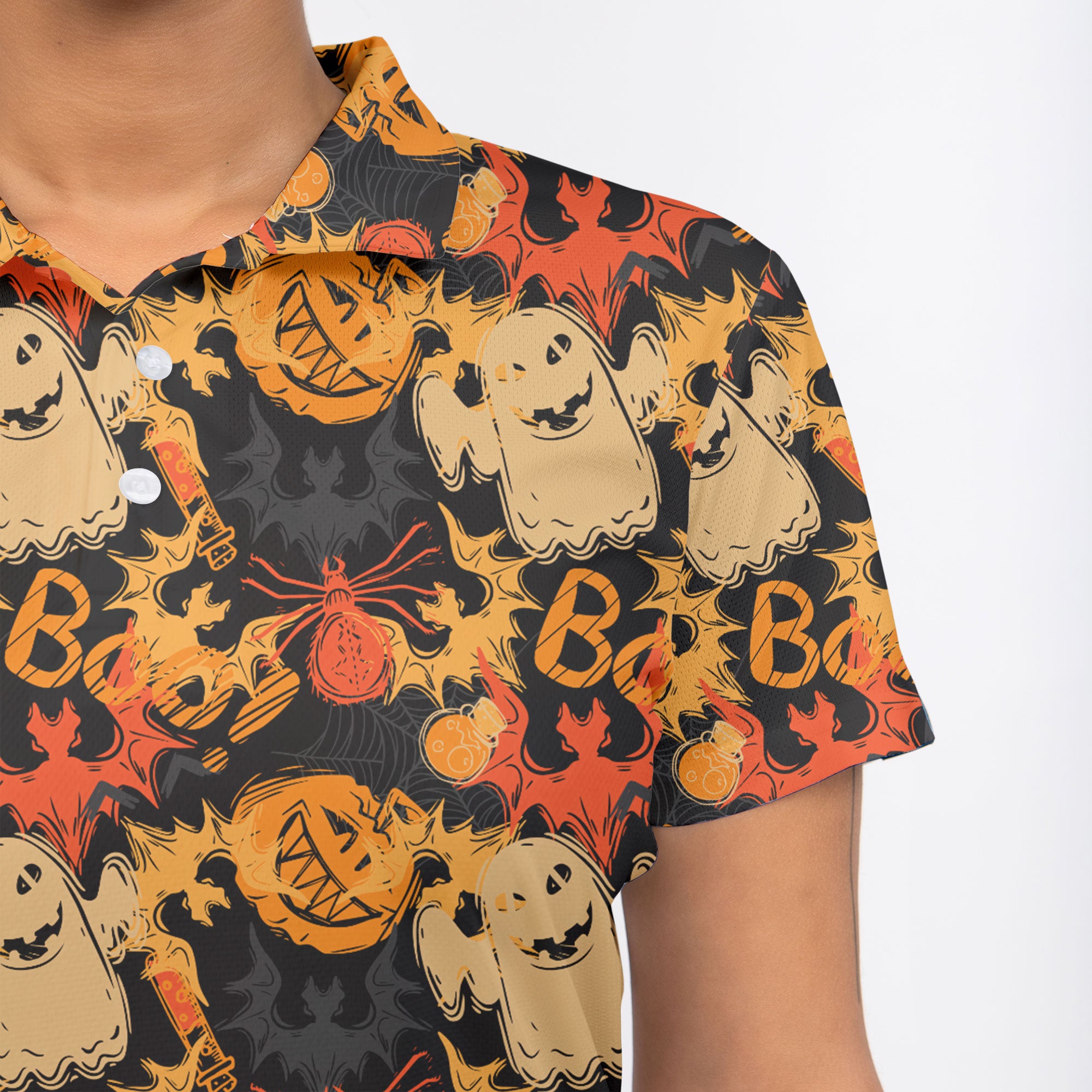 Funny Pumpkins Ghost Boo Halloween Abstract Seamless Pattern Woman Polo Shirt - HYPERFAVOR