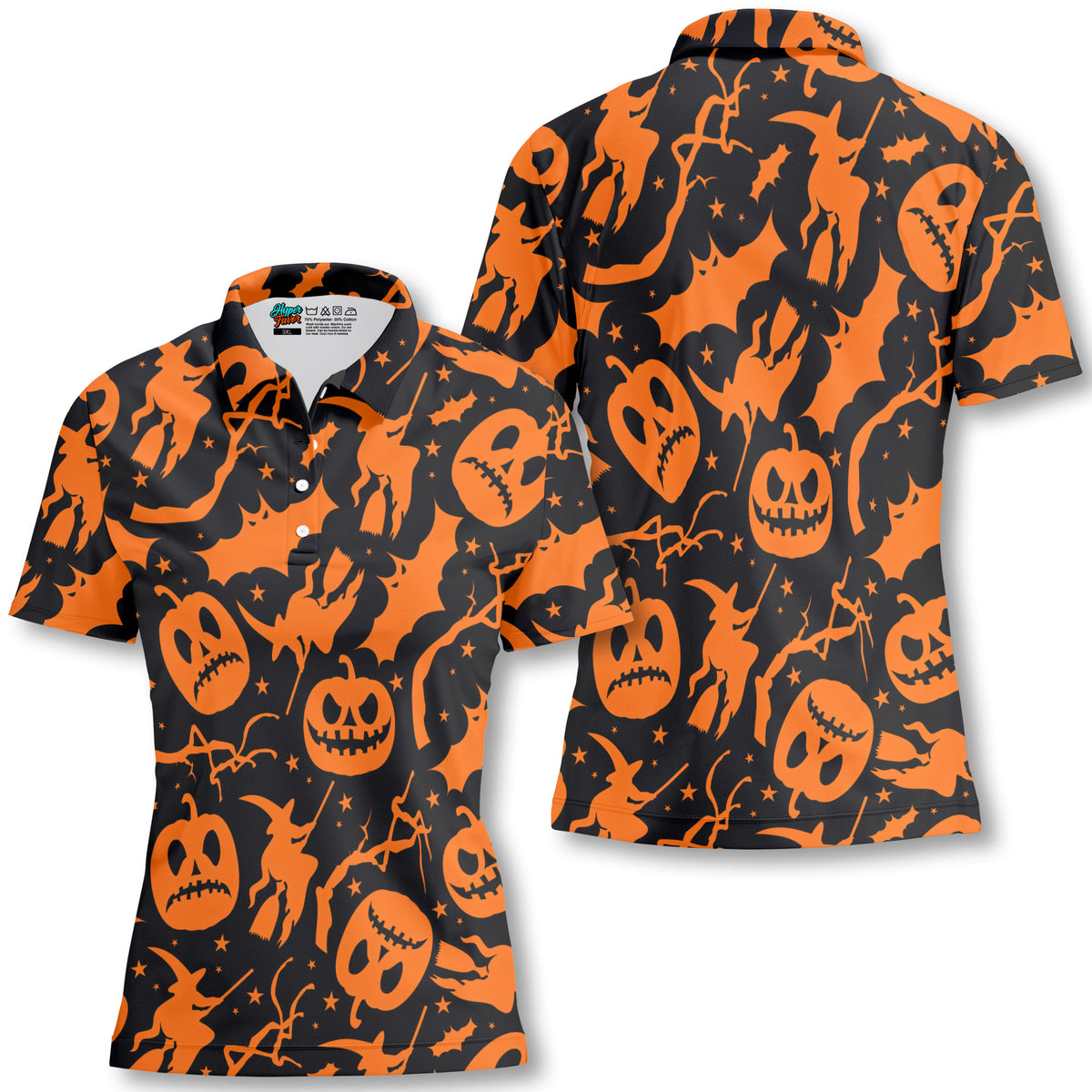 Funny Pumpkins & Witches Halloween Pattern Woman Polo Shirt - HYPERFAVOR