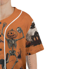 Funny Retro Pumpkins Skull Halloween Silhouette Orange Baseball Jersey - HYPERFAVOR