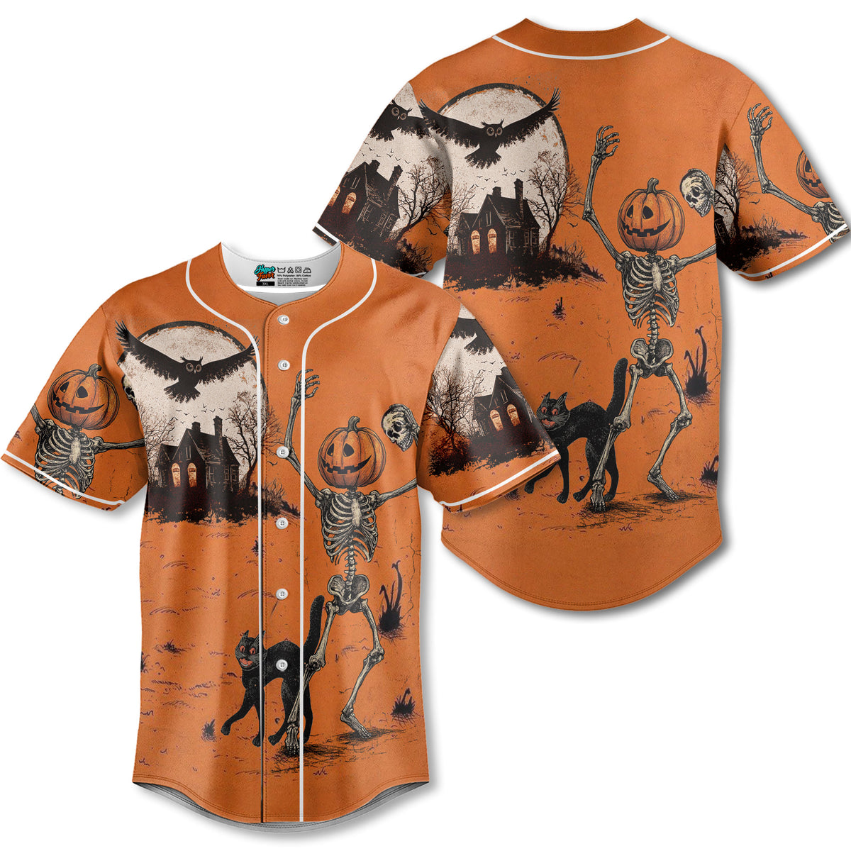 Funny Retro Pumpkins Skull Halloween Silhouette Orange Baseball Jersey - HYPERFAVOR