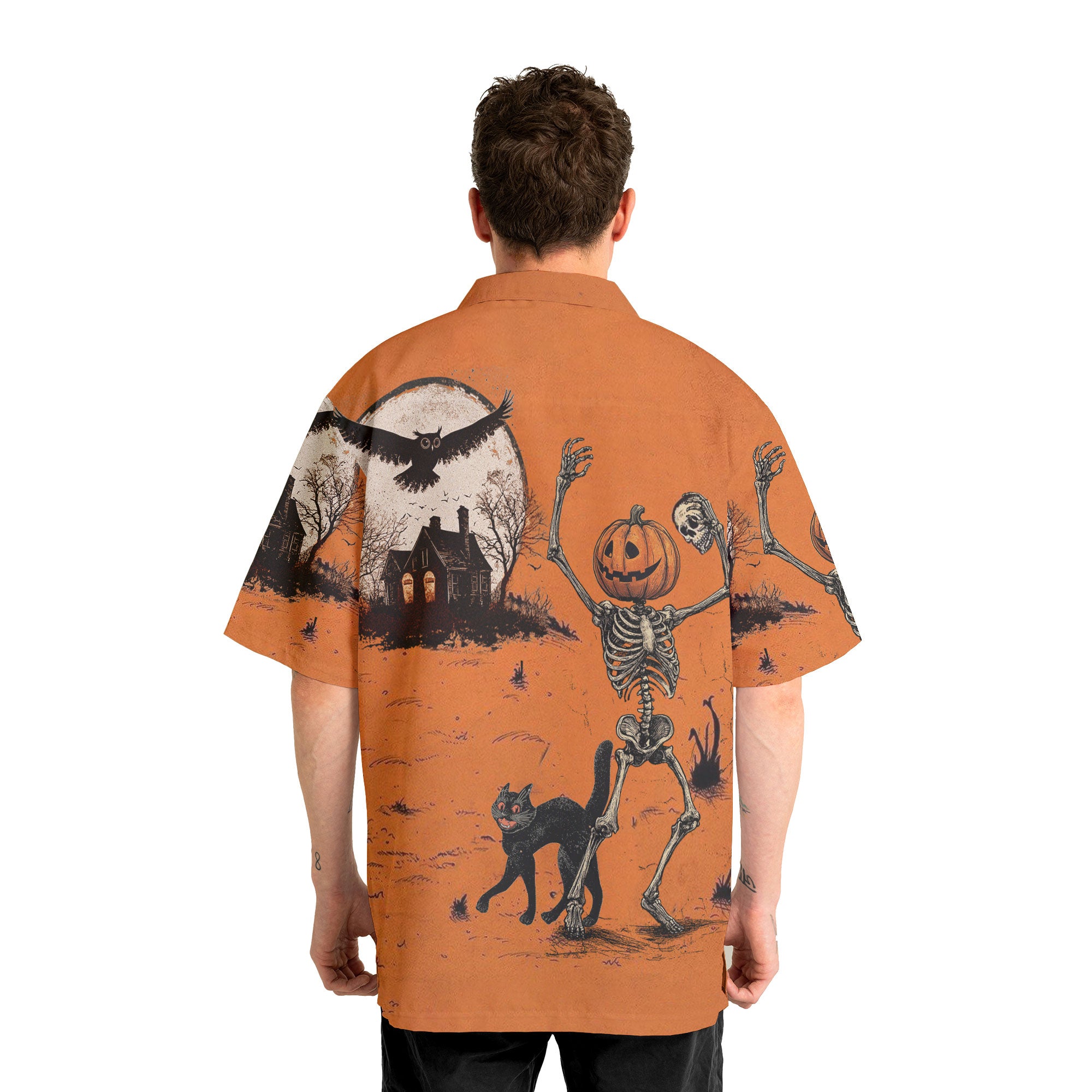 Funny Retro Pumpkins Skull Halloween Silhouette Orange Hawaiian Shirt - HYPERFAVOR