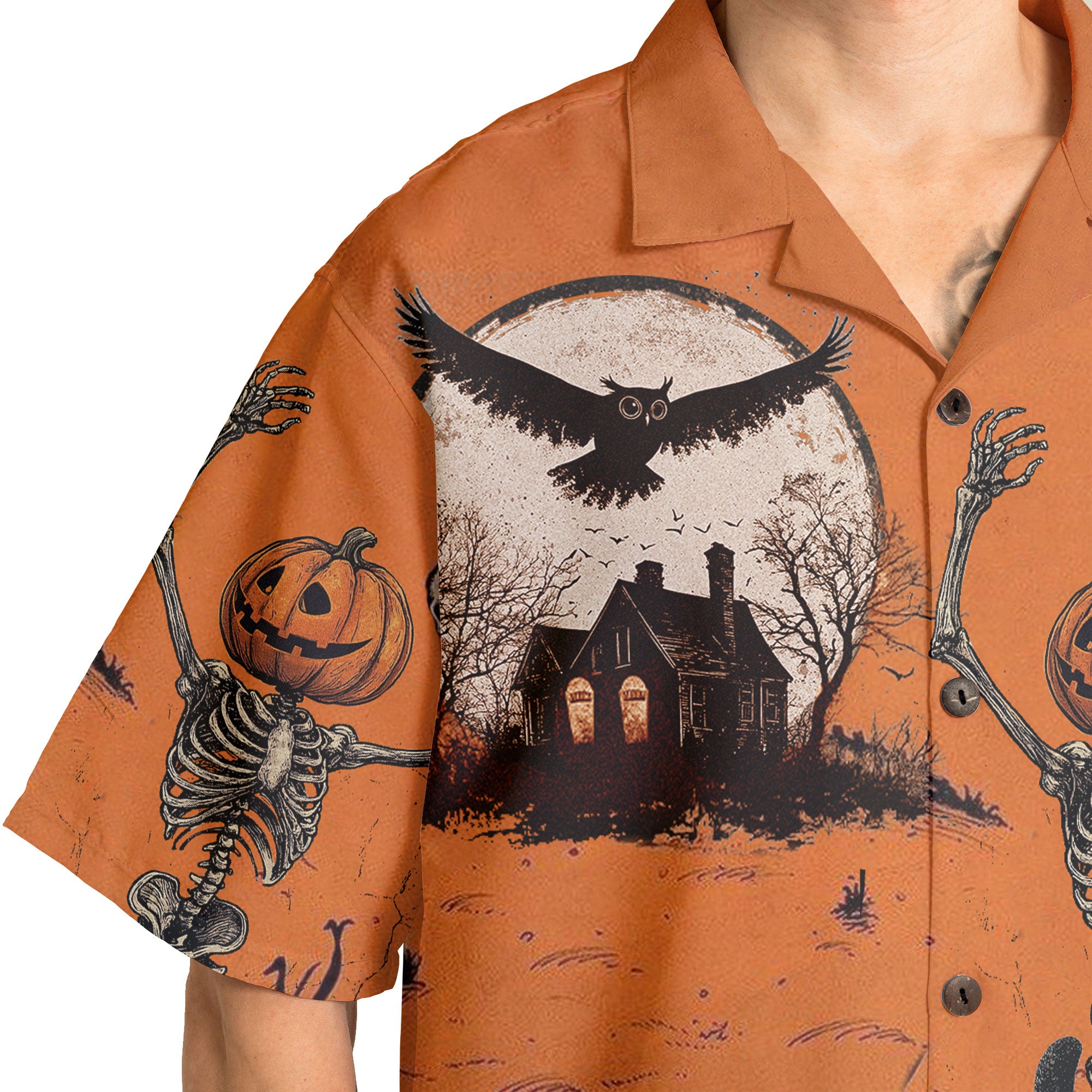 Funny Retro Pumpkins Skull Halloween Silhouette Orange Hawaiian Shirt - HYPERFAVOR