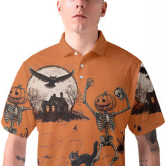 Funny Retro Pumpkins Skull Halloween Silhouette Orange Men Polo Shirt - HYPERFAVOR