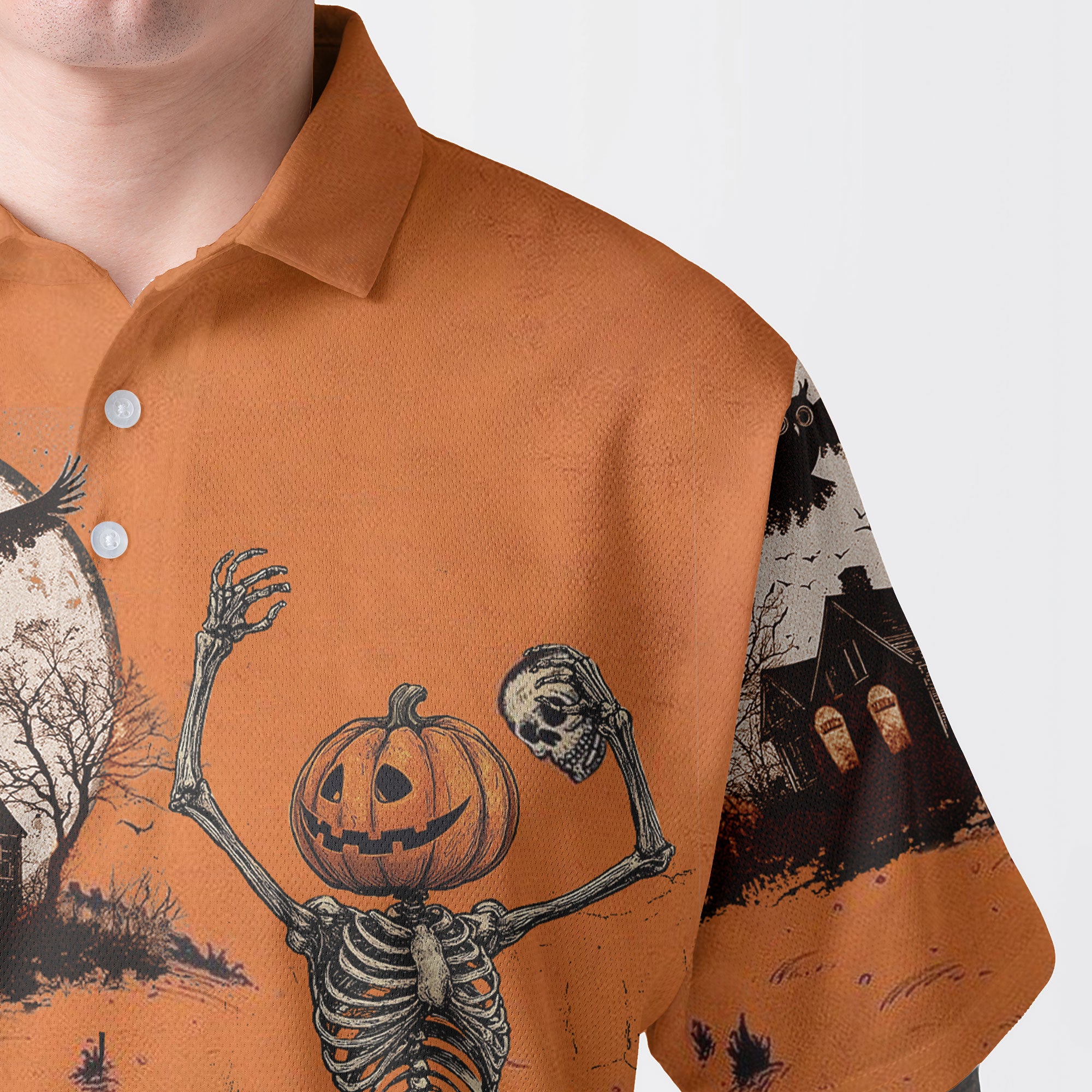 Funny Retro Pumpkins Skull Halloween Silhouette Orange Men Polo Shirt - HYPERFAVOR