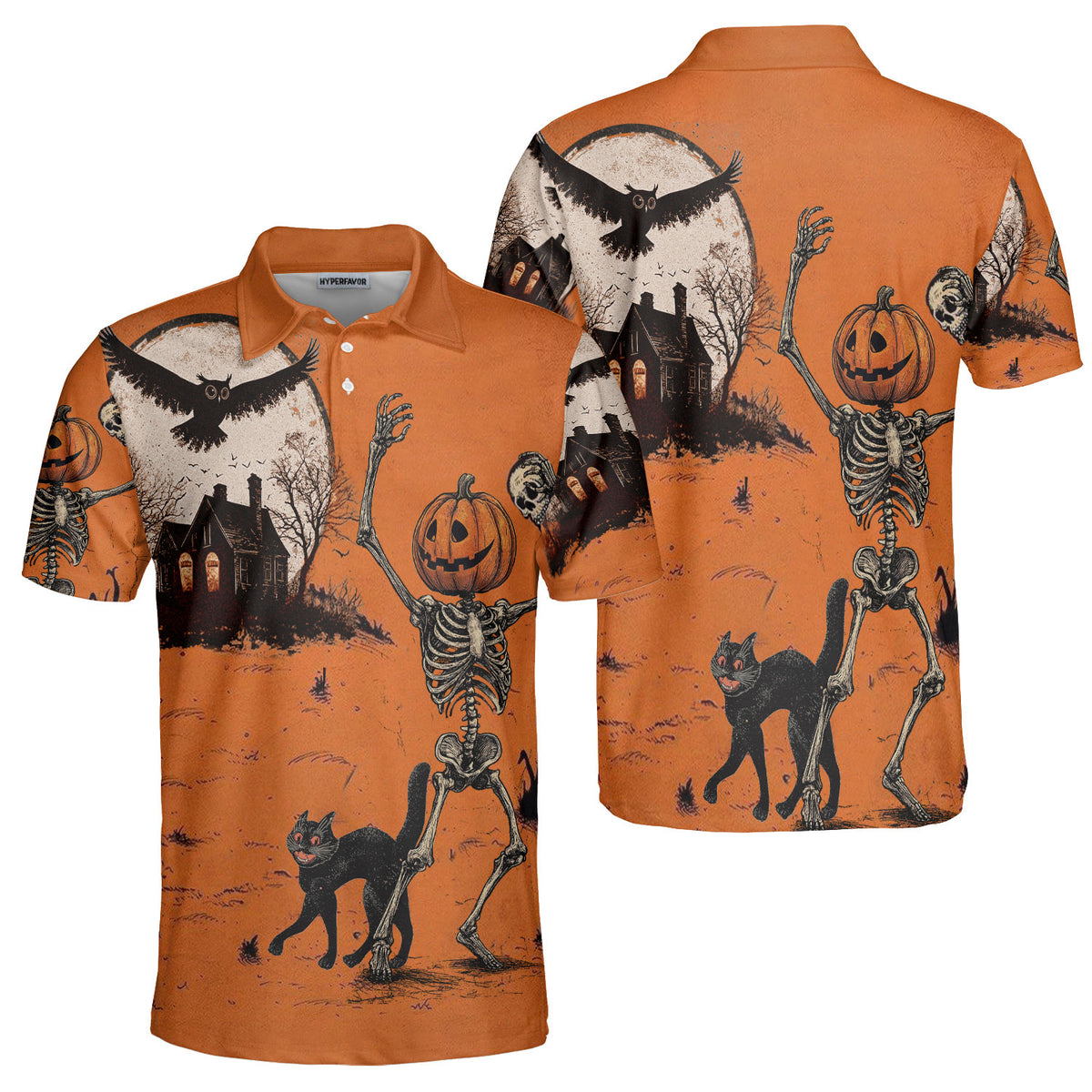 Funny Retro Pumpkins Skull Halloween Silhouette Orange Men Polo Shirt - HYPERFAVOR