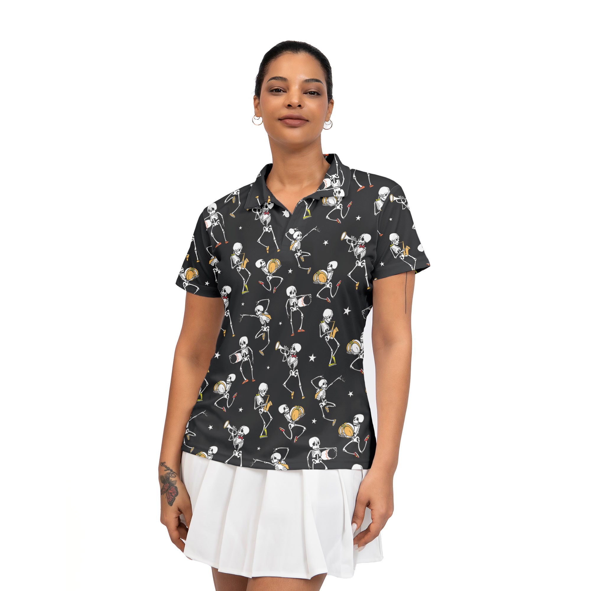 Funny Halloween Vintage Pattern Skull Dancing Halloween Women Polo Shirt - HYPERFAVOR